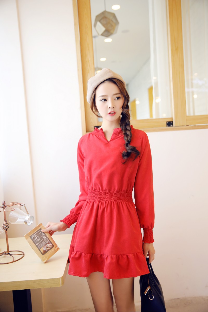 2015春款女装 大红色长袖短裙显瘦收腰伴娘裙 模特实拍5866