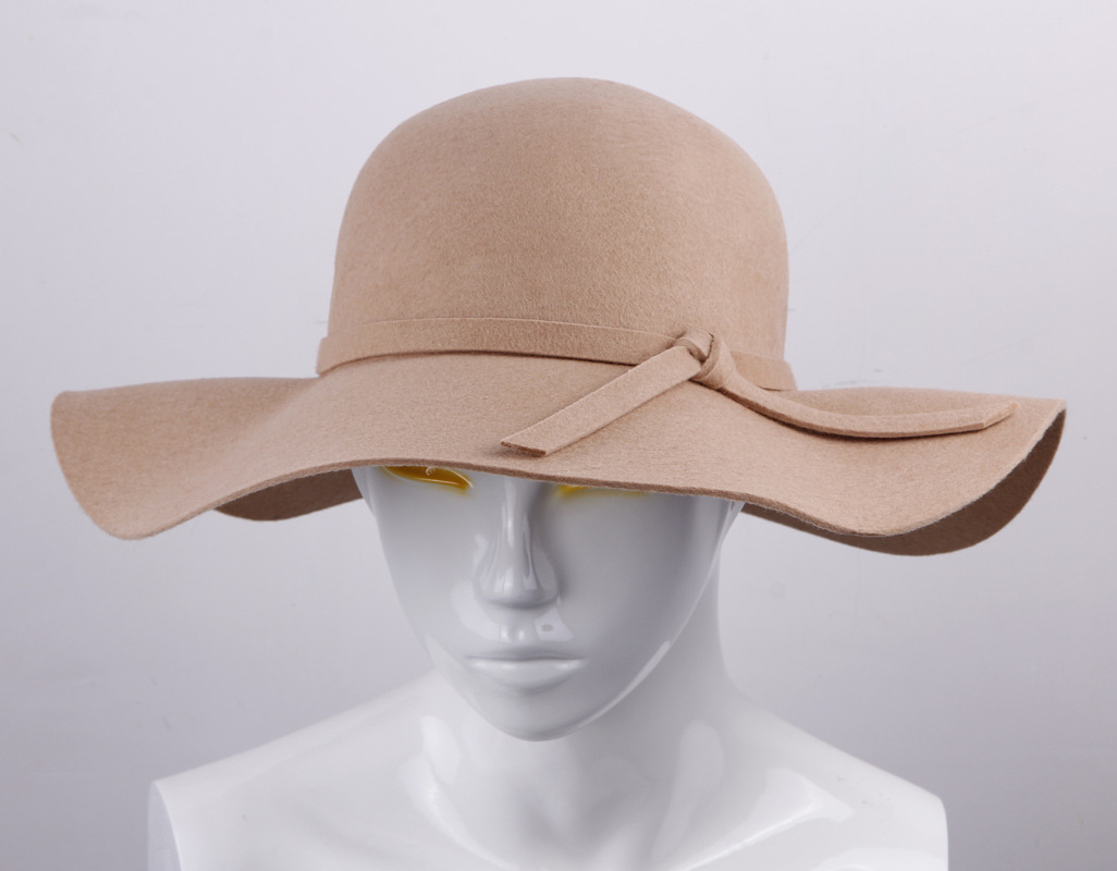 秋冬新款 圆顶女毡昵大檐帽 蝴蝶结宽边帽 大软边外贸毡帽批发