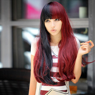 hl--高温丝 时尚个性红黑拼色长卷 日系杂志款假发 原宿假发