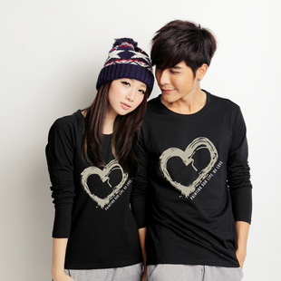 韩版秋装男女情侣装心形图案印花长袖t恤莱卡棉大码班服打底衫