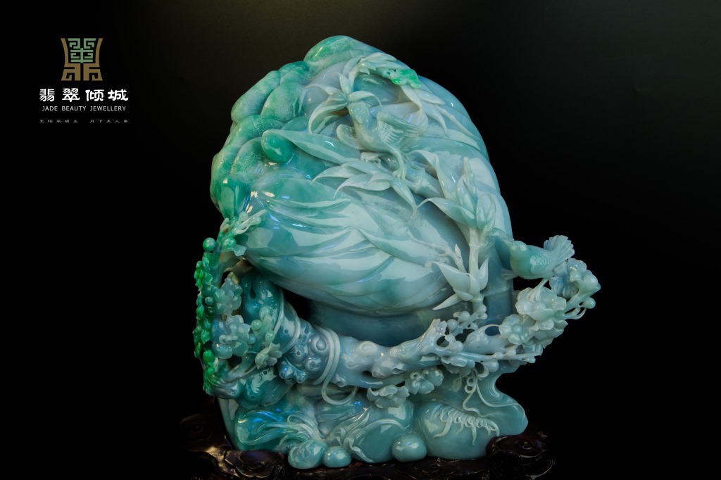 缅甸玉天然翡翠a货 老料带色花鸟翡翠摆件 梅竹争春 可出证书