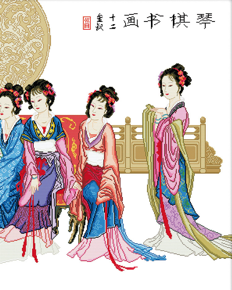 促销包邮 精准印花客厅大幅古典人物十字绣琴棋书画十二金钗批发