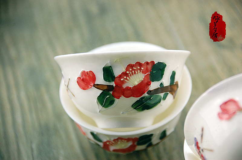 精品手绘茶花杯 功夫茶具景德镇陶瓷杯子茶杯斗笠普洱品茗红茶碗