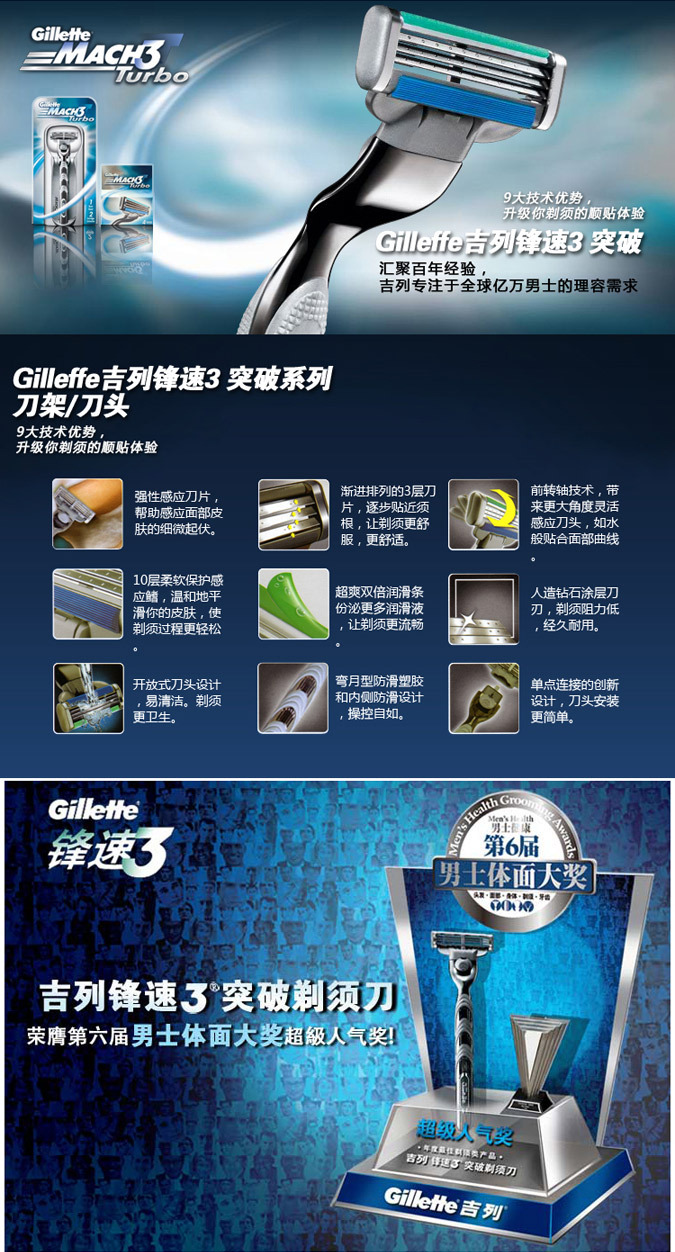 gillette吉列锋速3突破手动剃须刀头刮胡刀片含4刀片刀头 批发