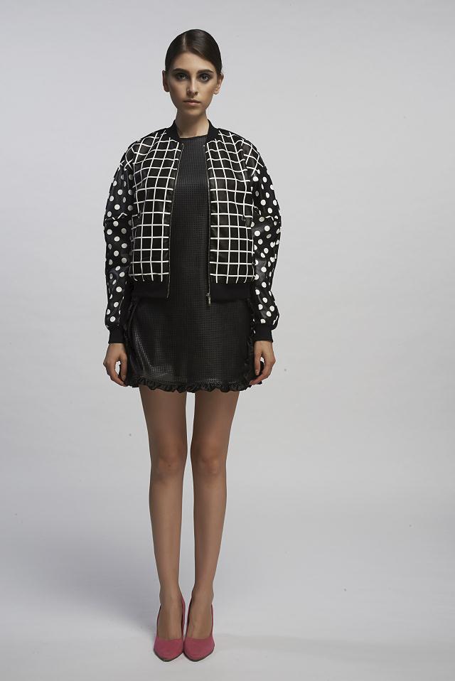 女装 女式外套 dazzle黛诺地素复古波点格纹印花拼接短款皮衣外套