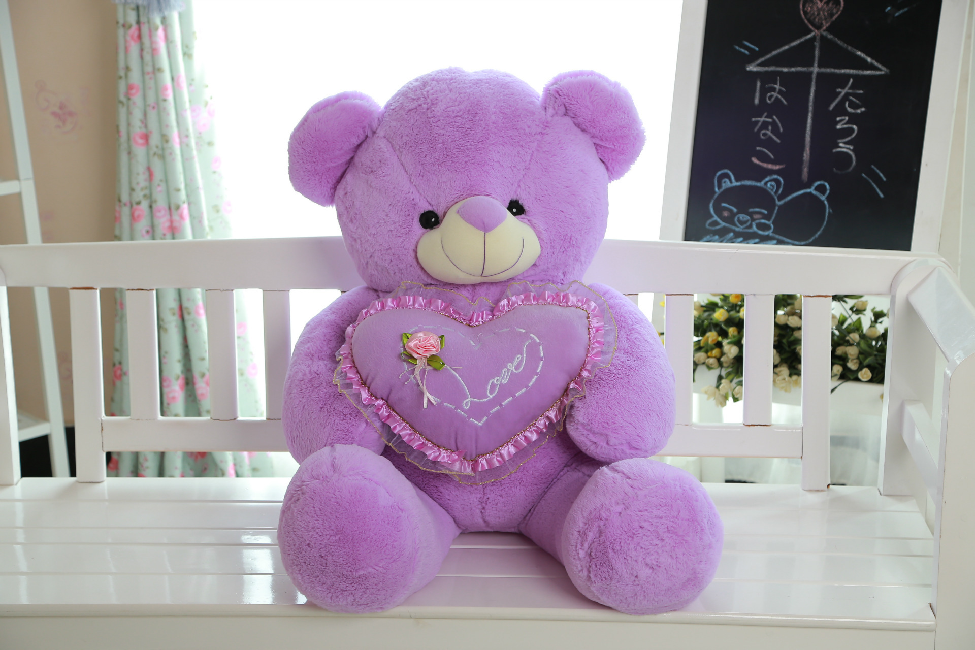 批发性价比高的紫色love抱心熊大号泰迪熊毛绒玩具七夕情人节礼物