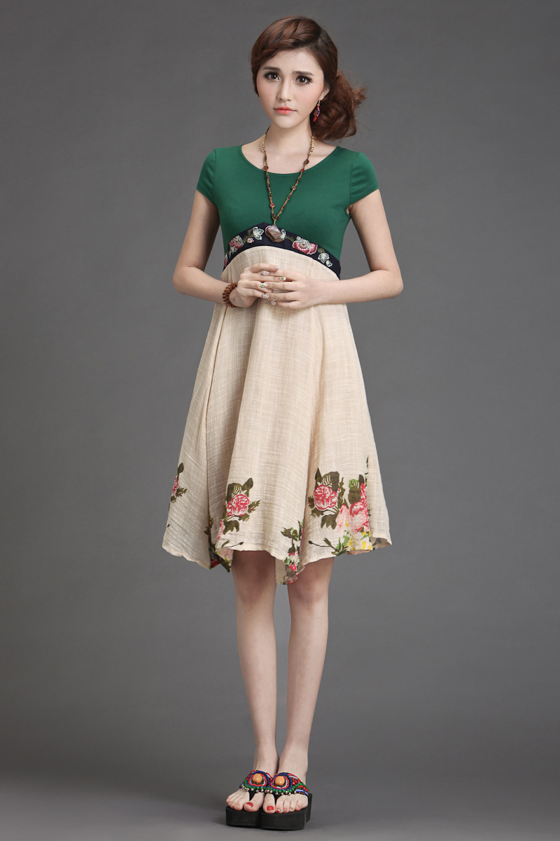 2014新款民族风夏装正品女棉麻拼接修身气质连衣裙 0302