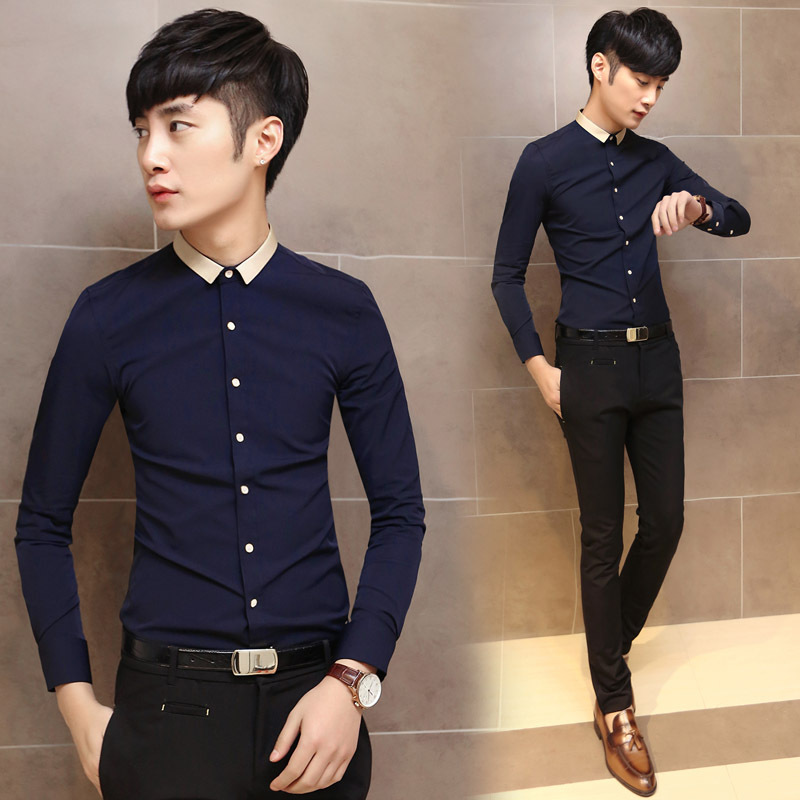 潮男装2015春装新品小翻领男士长袖衬衫弹力修身纯色免烫男式衬衫