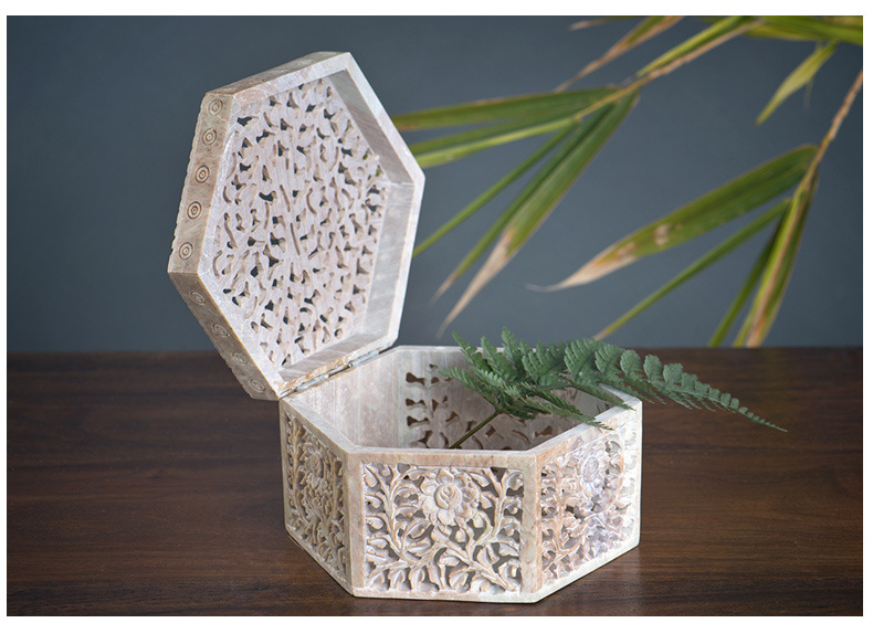 福建莆田印度纯手工 镂空石雕首饰盒(六边形)家居摆件 精品工艺品价格