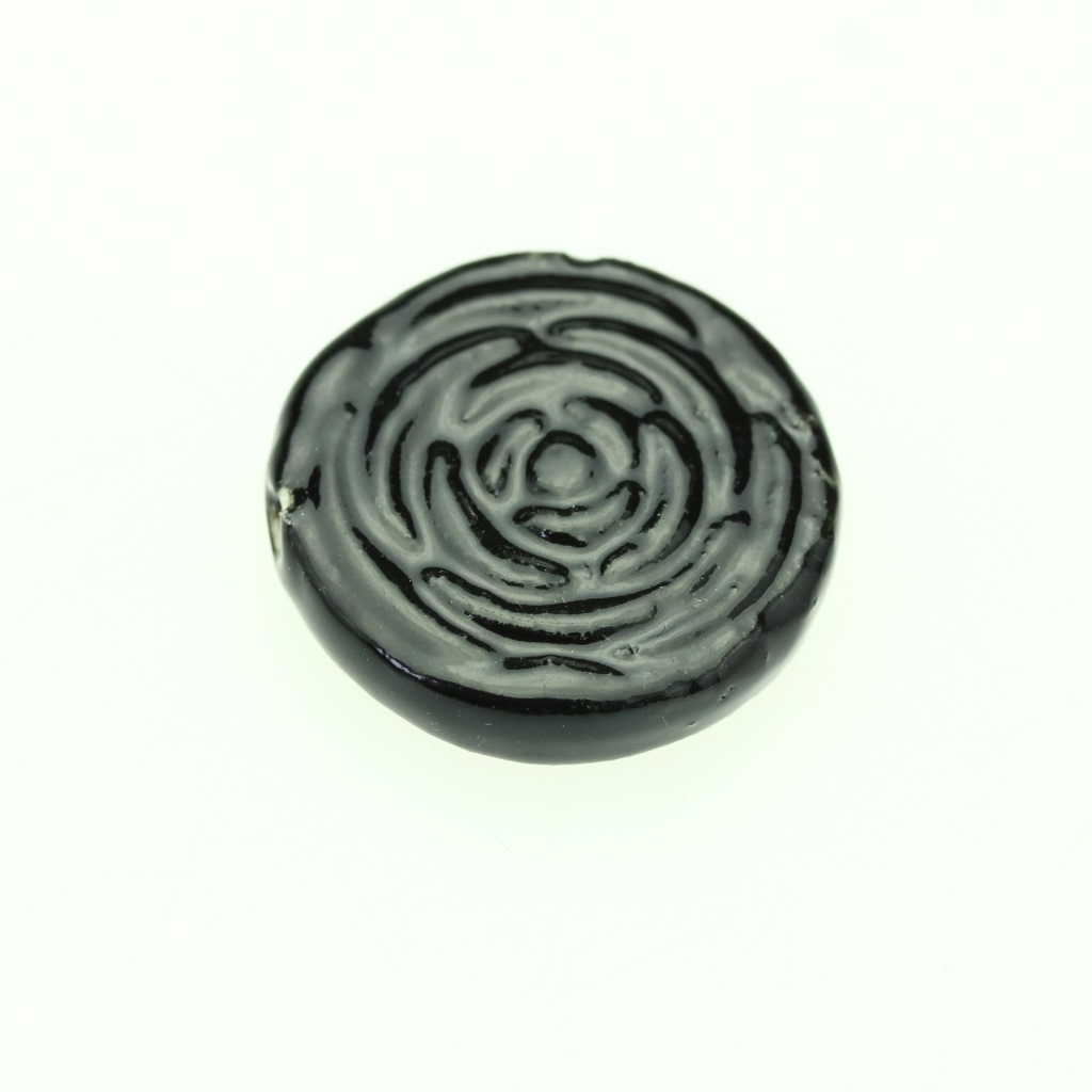 34mm黑色扁圆形直孔花纹陶瓷 饰品配件 diy饰品材料
