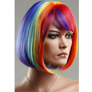 迪拉蒙欧美风格新款引人注目彩虹色女生bobo短发化妆舞会假发0208