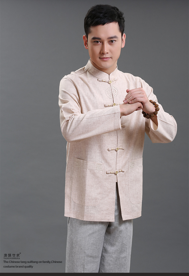 中式老粗布亚麻盘扣衬衫男士唐装长袖长衫立领修身一字扣