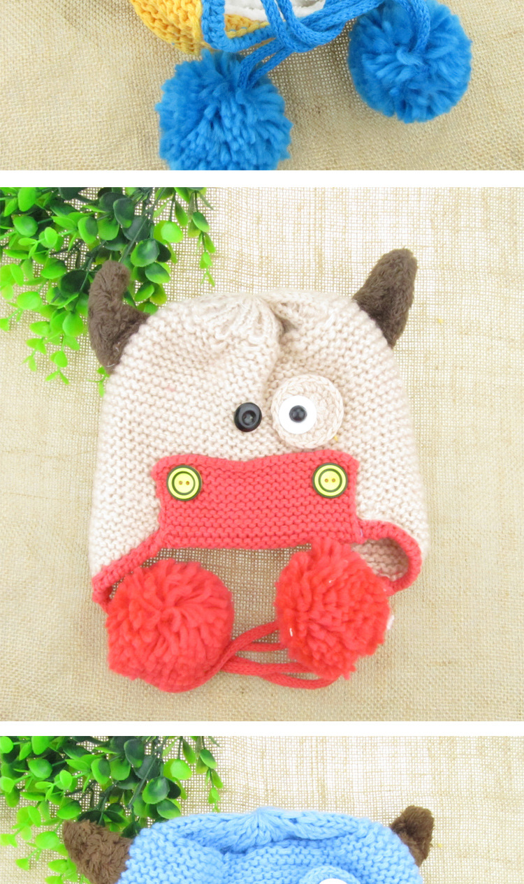 秋冬新款男女小孩牛角手工毛线护耳帽儿童宝宝帽子卡通可爱帽子