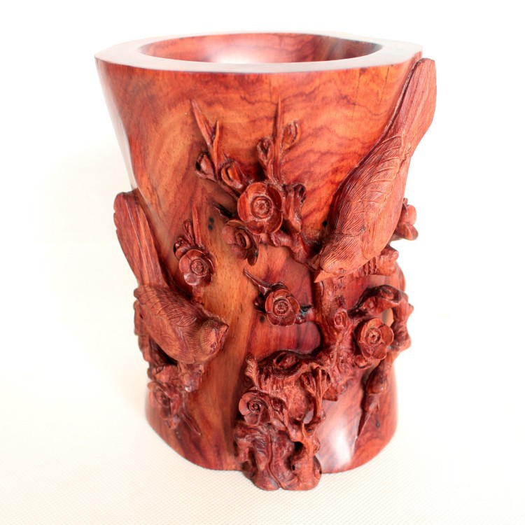 批发零售 红木工艺品 雕刻礼品酸枝木笔筒 喜上眉梢笔筒 一件代发