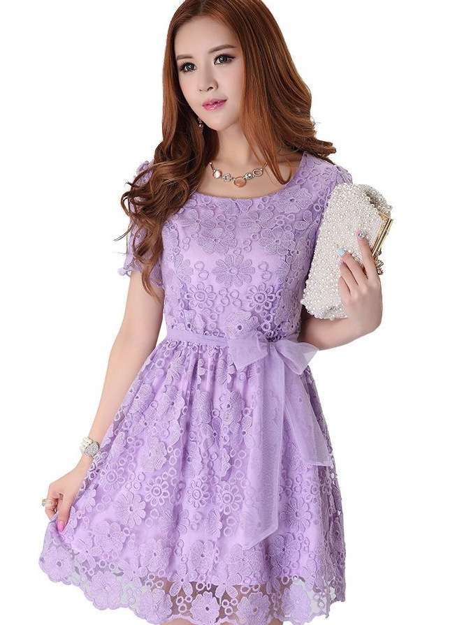 2014夏季雪纺紫色韩版修身短袖蕾丝刺绣连衣裙