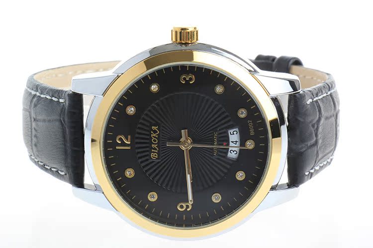 标卡品牌 间金版 油压立体钻面钢带防水日历 自动机械表 男士手表