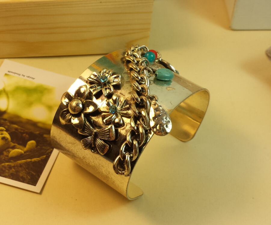 纯铜首饰 铁皮手镯环保铜烧焊花朵动物蝴蝶绿松石链条混搭饰品