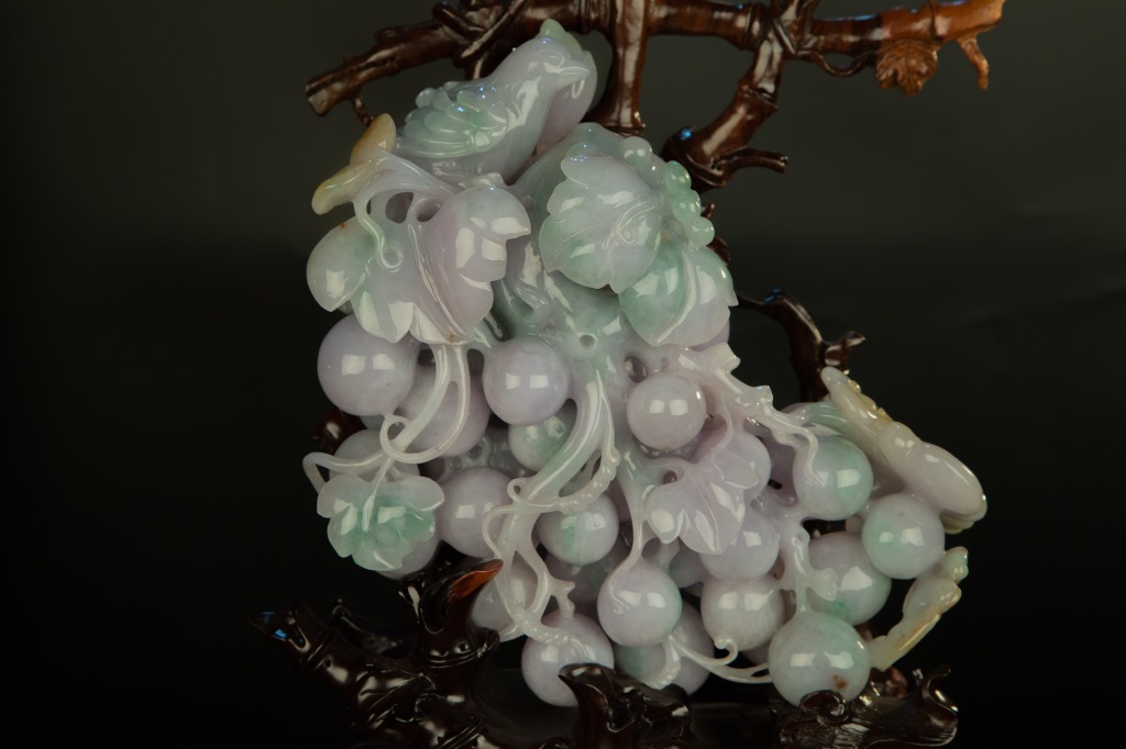 缅甸玉天然翡翠a货 糯冰豆色花鸟翡翠摆件 硕果累累 可出证书