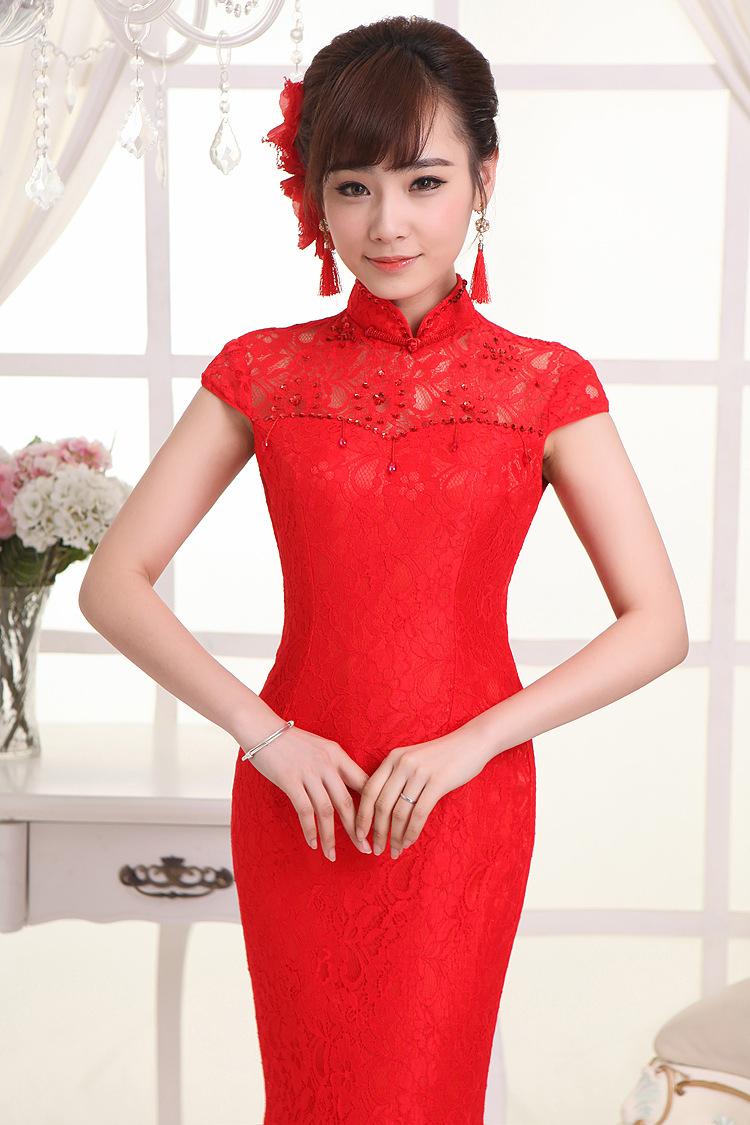 婚纱礼服旗袍新款 敬酒服结婚复古改良旗袍 新娘红色长款修身批发