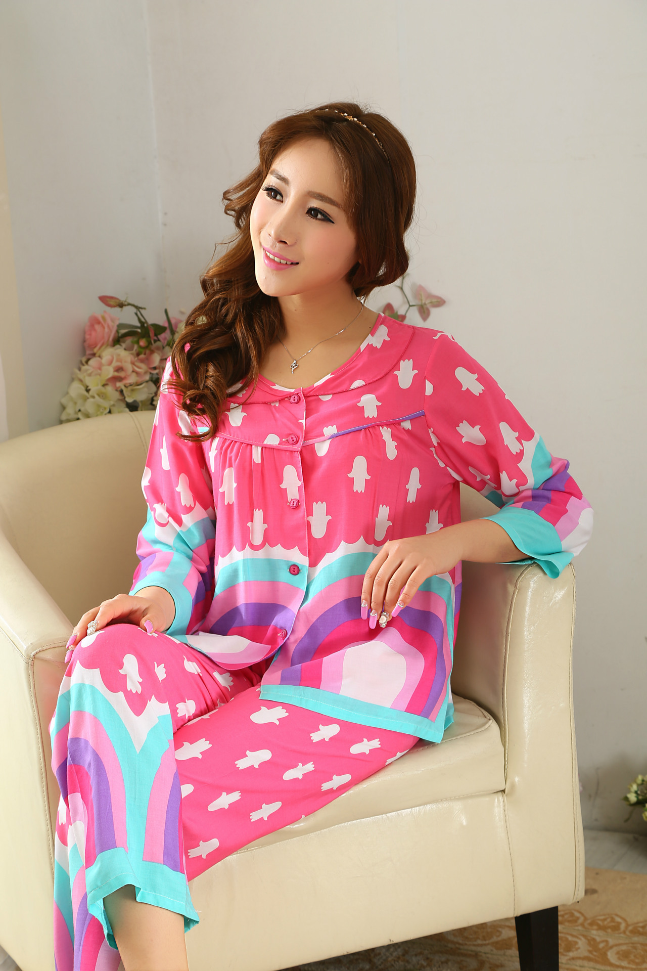 春秋季新品韩版女士绵绸睡衣套装长袖大码家居服全棉睡衣女