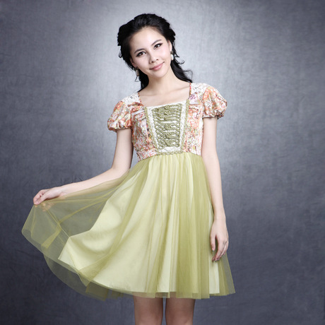 尤麦夏装 碎花绑带连衣裙 网纱拼接包袖中长款裙子-射手座y3249