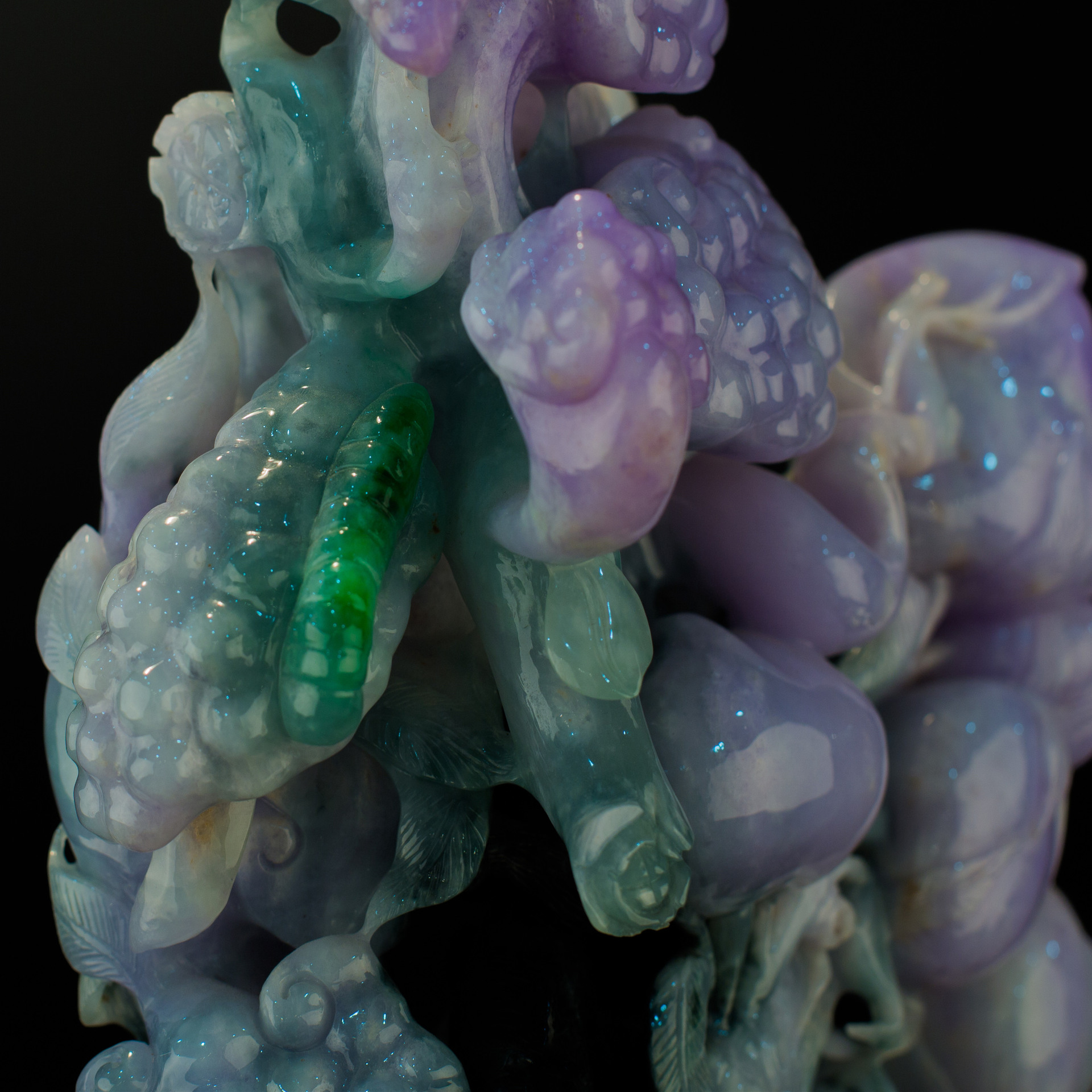 广东肇庆缅甸玉天然翡翠a货 冰种五彩花鸟翡翠摆件 福寿如意 可出证书