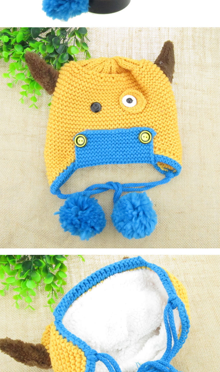 秋冬新款男女小孩牛角手工毛线护耳帽儿童宝宝帽子卡通可爱帽子