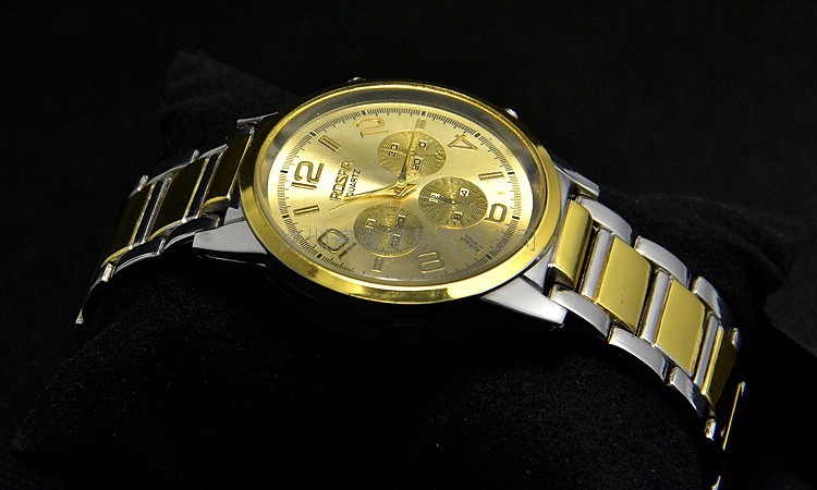 正品外贸rosra三眼六针石英钢带表 男士商务礼品手表 一件代发