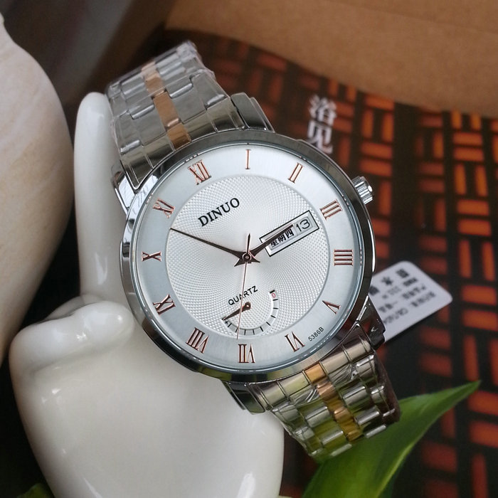 玫金谛诺高档日历情侣石英表 男女钢带手表批发厂家直销