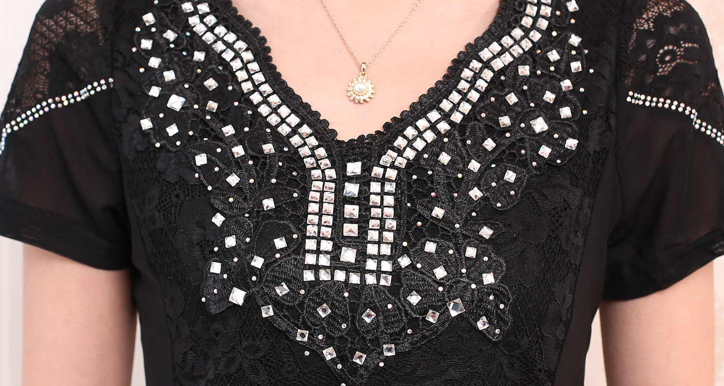 韩版女装v领短袖上衣蕾丝衫 方形烫钻修身显瘦女t恤 2015夏季新