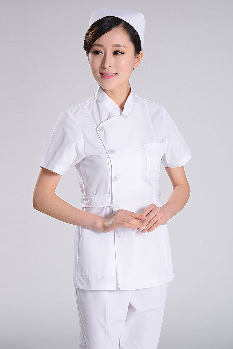护士服短袖分体套装 夏装美容服白大褂 粉白蓝色中华立领偏巾圆角