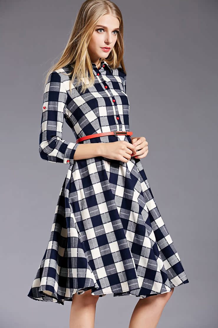 欧美大牌女装一件代发格子连衣裙品牌秋装新款女长裙新款15080720