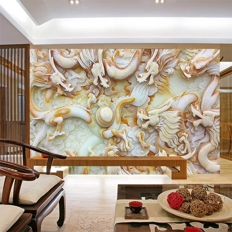 厂家大型无缝壁画电视客厅沙发背景墙壁纸3d双龙戏珠高清墙纸直销