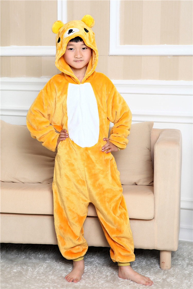 儿童动物连体睡衣冬轻松熊男女大小孩宝宝卡通法兰绒如厕版连体衣