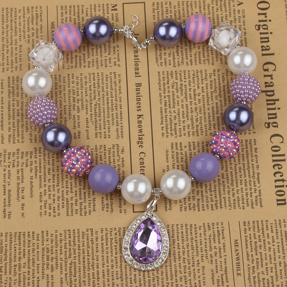 紫色水晶水滴吊坠儿童串珠项链 新款韩版夸张女童夏季服饰配件