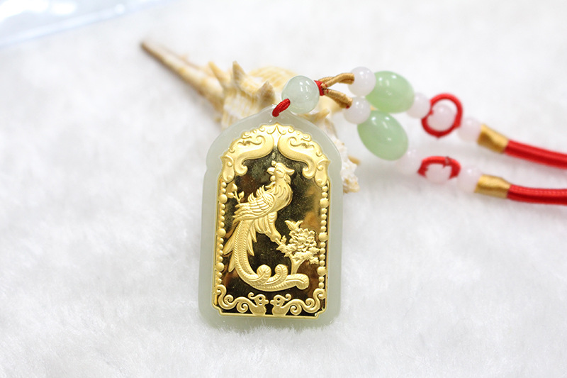 8002 厂家直销和田玉镶千足金凤牌 金镶玉金凤牌吊坠挂件