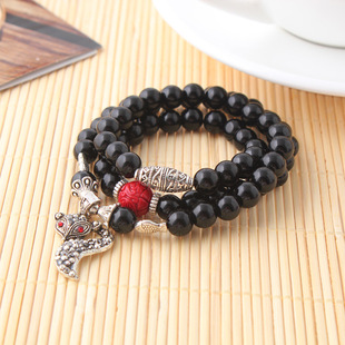 2015新款女士异国风情3圈黑金刚精致天然石手链可加工定制批发