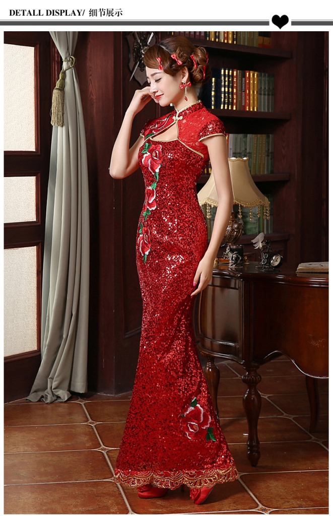 新娘结婚礼服2015新款旗袍修身鱼尾长款亮片红色改良婚纱旗袍q12