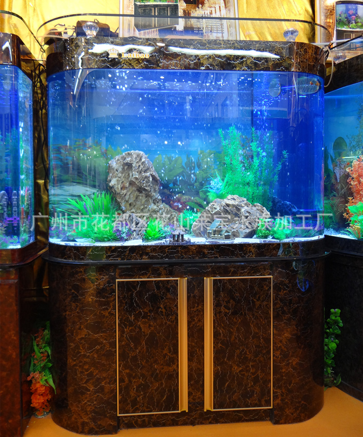 大弯 单弧型弯角仿大理石纹靠墙玻璃鱼缸水族箱 生态底过滤免换水