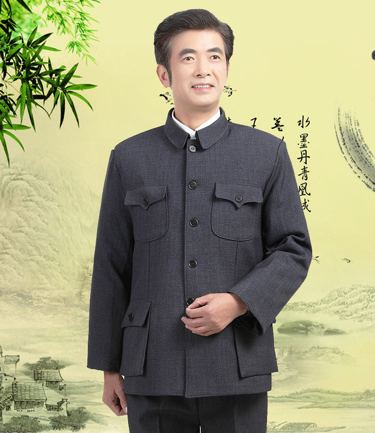 中老年翻领中山装男秋冬季套装老年人老式中山服军便装外口袋