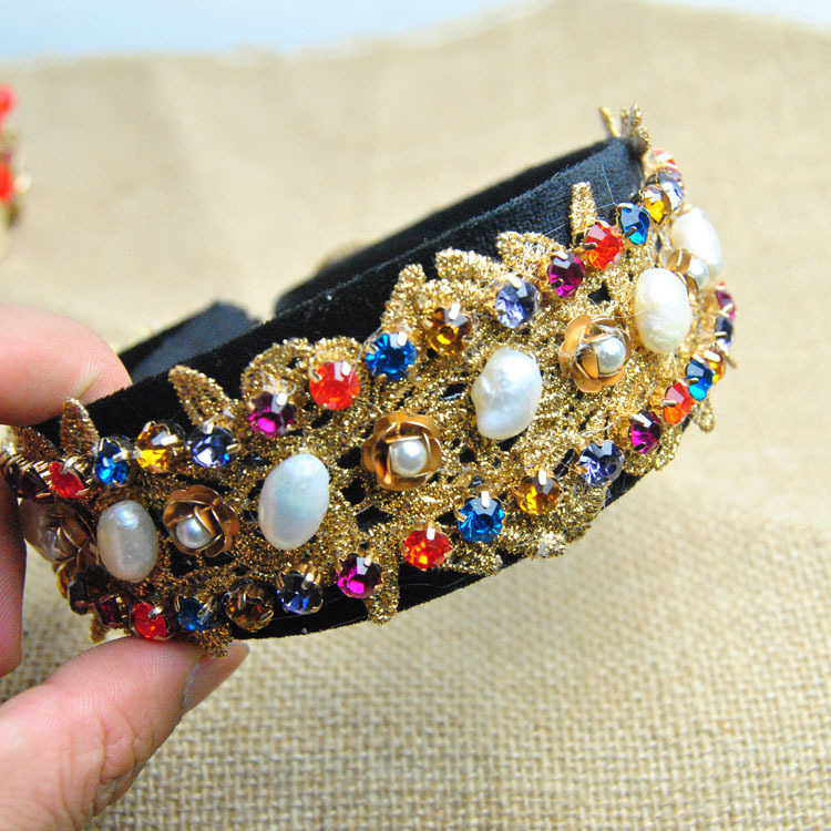 d@g欧美纯手工宝石发箍新娘水钻珍珠头箍蕾丝花朵发饰女 批发