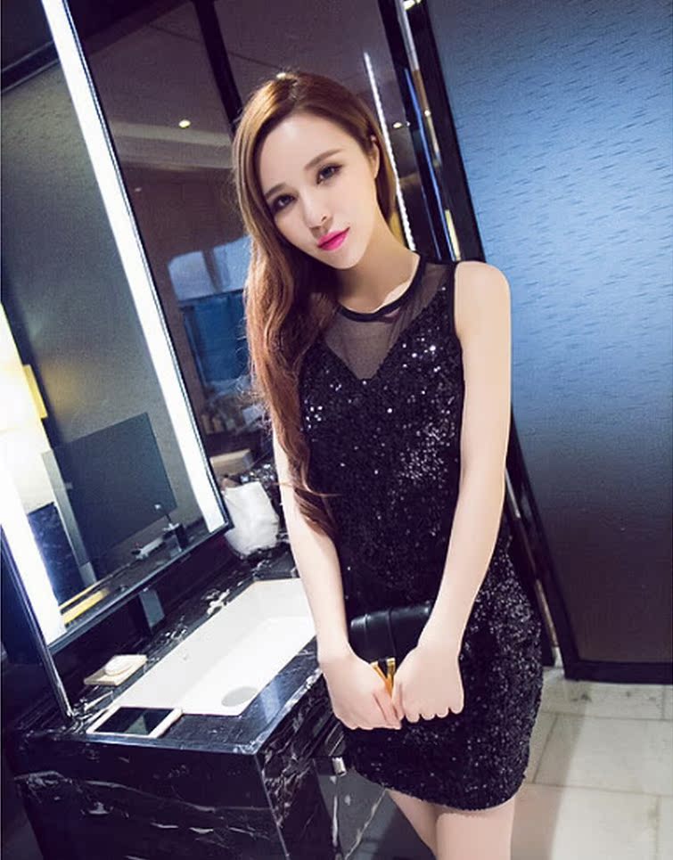 2015春季新款韩版创意款夜店无袖风亮片露背显瘦包臀连衣裙批发