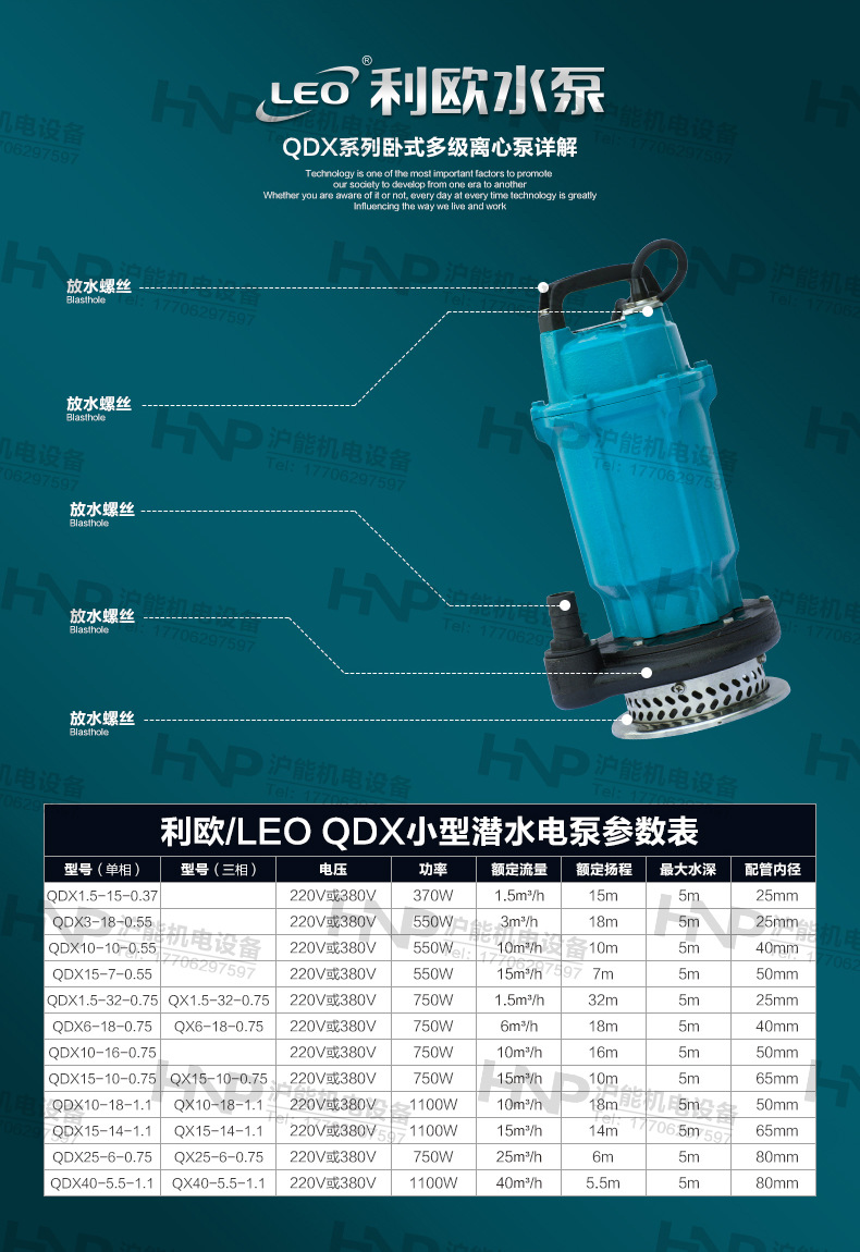 利欧qdx370w/550w/750w潜水泵 家用潜污泵 小型抽水泵 家用排水