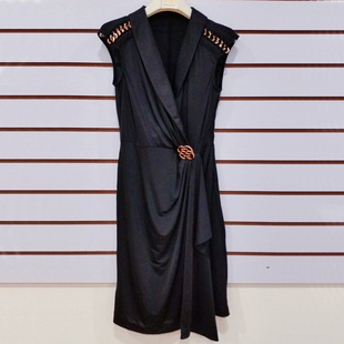 2015夏季新款 v领腰间立体花装饰修身无袖高贵名媛范连衣裙