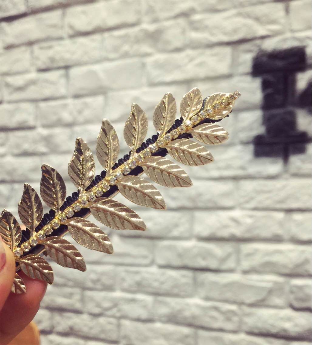 森女系复古风树叶发夹韩国新款时尚亮钻金叶子边夹刘海夹发饰头饰