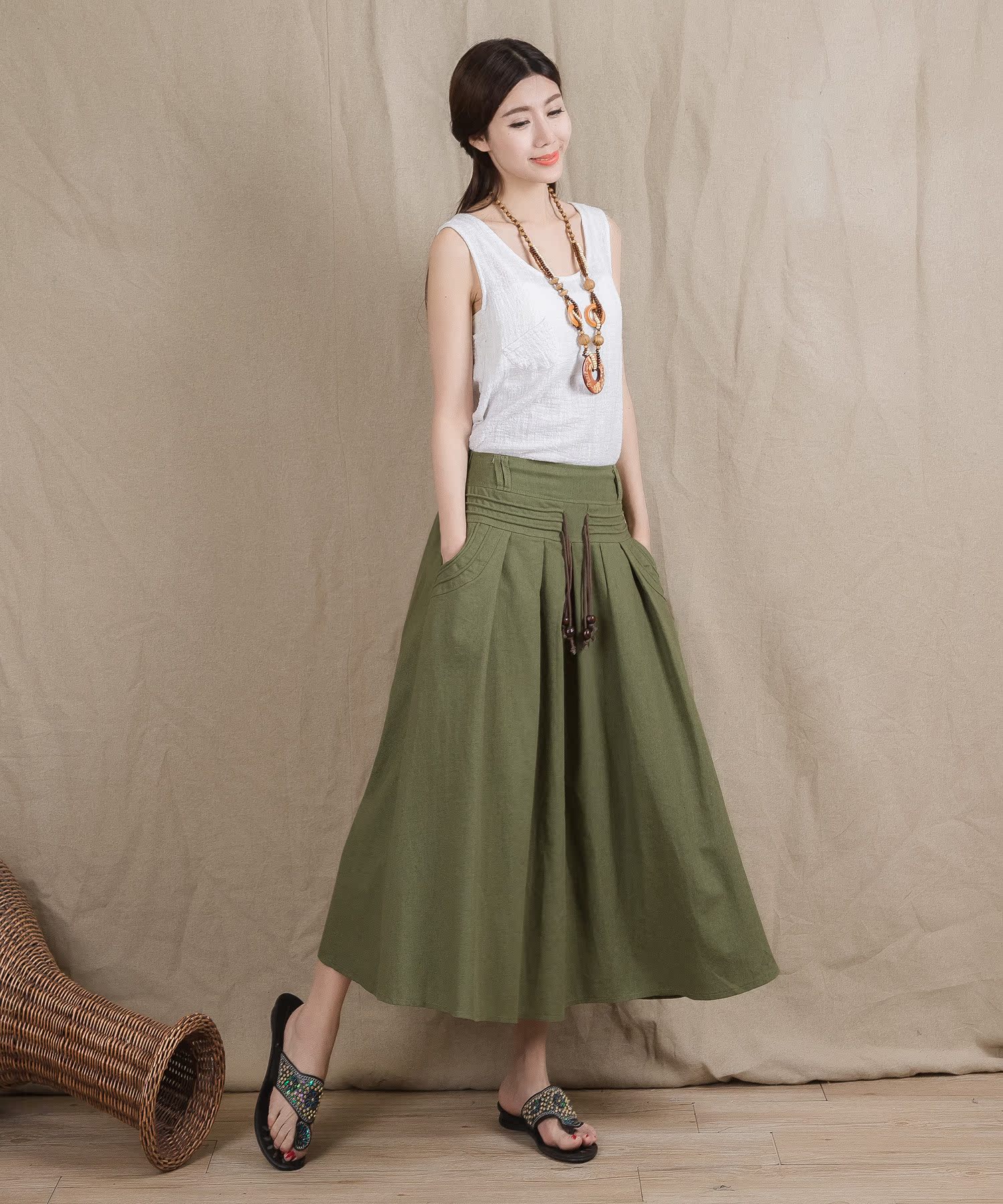 独家设计厂家直销女装亚麻大摆裙半身长裙纯色棉麻裙沙滩裙女素色