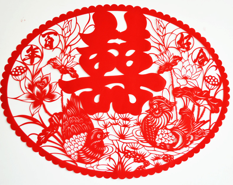 【77*59cm】结婚用品 大号绒布压床喜字 圆形鸳鸯龙凤喜子 批发