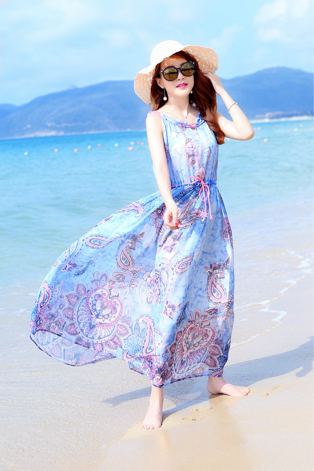 2015夏季新款波西米亚长裙潮 印花无袖热销沙滩裙女 女装连衣裙