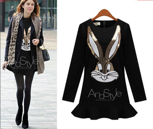 2015春季新 欧美大码女装胖mm卡通兔子连衣裙女加肥加大荷叶边裙