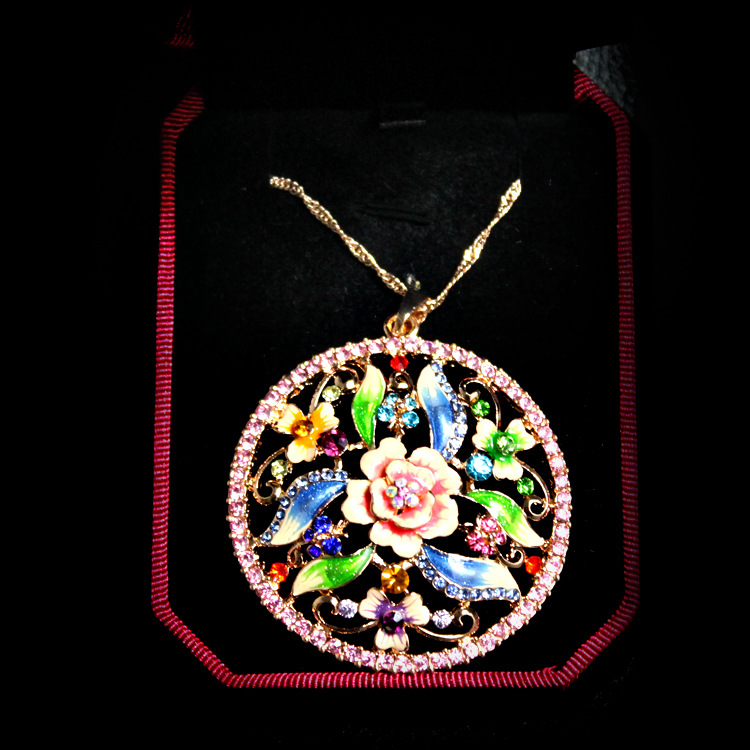 景泰蓝 圆形百搭画油玫瑰花 锁骨链 项链 2650